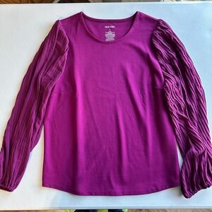 Nine West Austin Orchid Knit Top with Pleated Long Sleeves Magenta Size L NEW